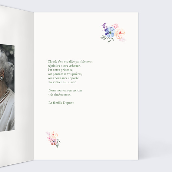 Carte remerciement décès Chretien fleuri Intérieur Droit
