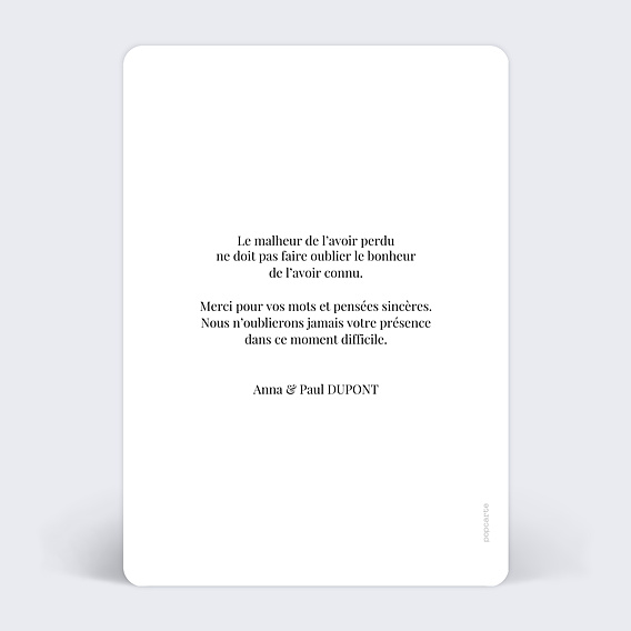 Carte remerciement décès Photo jolie colombe Verso