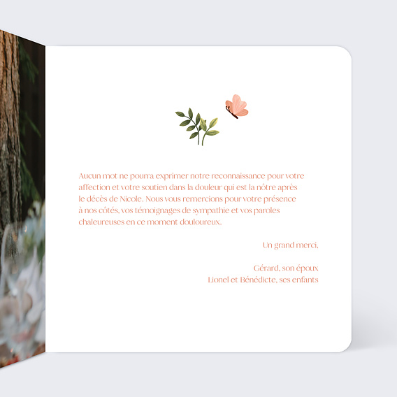 Carte remerciement décès Papillon Rose Intérieur Droit