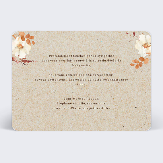 Carte remerciement décès Jolies Fleurs Verso