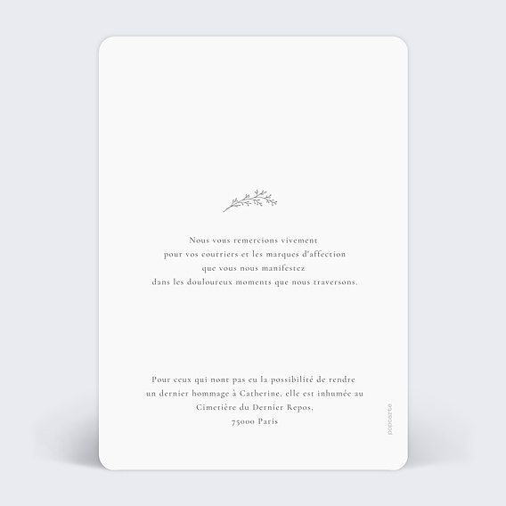 Carte remerciement décès Lettrine Botaniques Verso