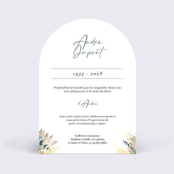 Carte remerciement décès Bohemia arche Verso