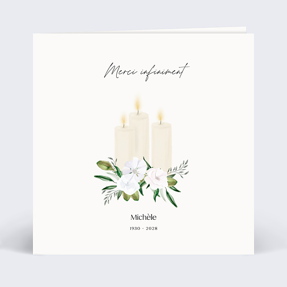 Carte remerciement décès Bougie et fleurs Recto