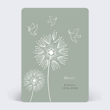 Carte remerciement dcs Fleurs et Colombes