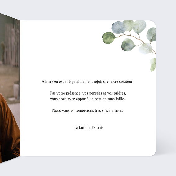 Carte remerciement décès Couronne Ocre Eucalyptus Intérieur Droit