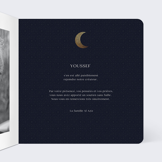 Carte remerciement décès Croissant Islam Intérieur Droit