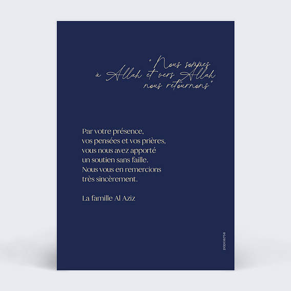 Carte remerciement décès Main de Fatma Verso