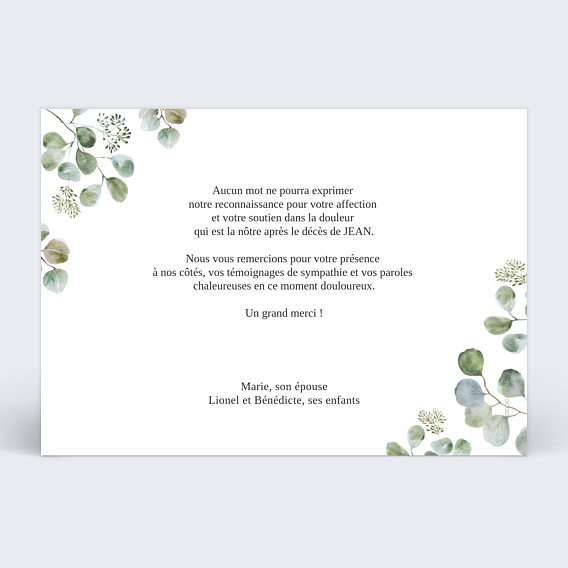 Carte remerciement décès Photo Eucalyptus Verso