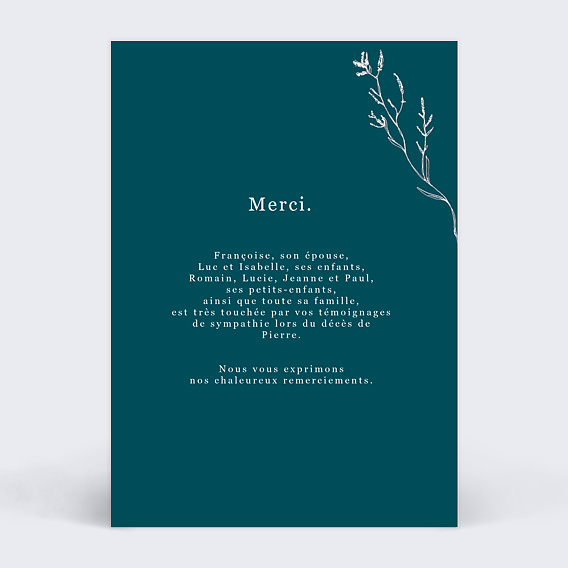 Carte remerciement décès Fleurs Séchées Verso