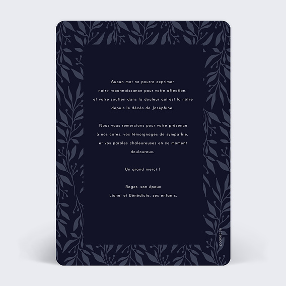 Carte remerciement décès Arche Botanique Verso