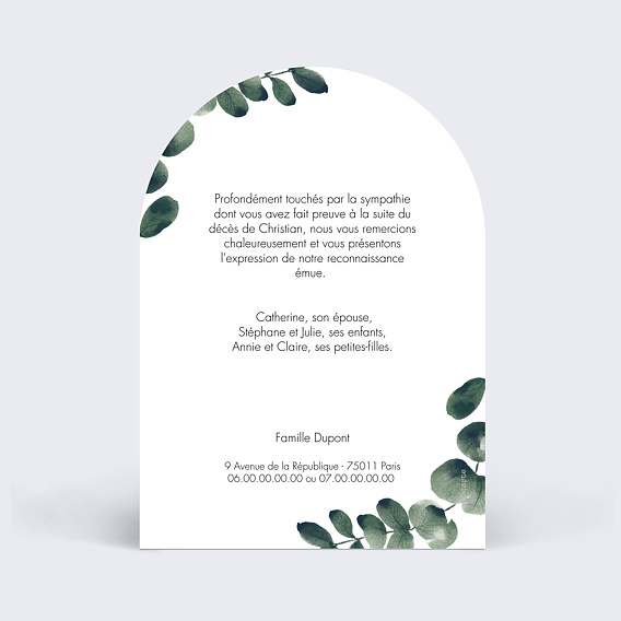 Carte remerciement décès  Branche d'Eucalyptus Verso