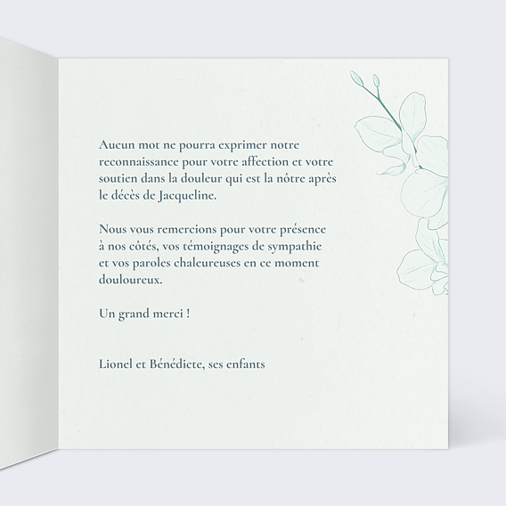 Carte remerciement décès Jolie orchidée verte Intérieur Droit