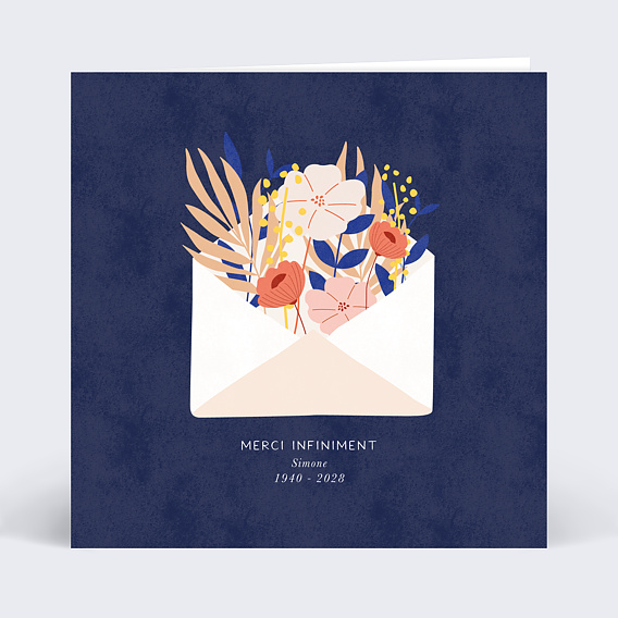 Carte remerciement décès Merci Fleuri Recto
