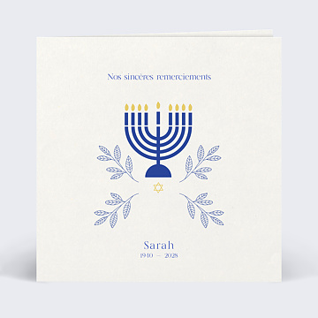 Carte remerciement dcs Juif Menorah