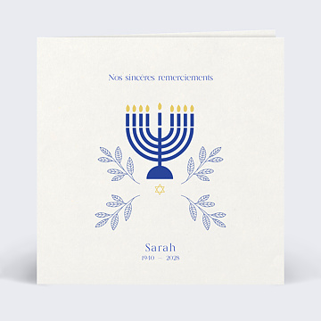 Carte remerciement décès Juif Menorah