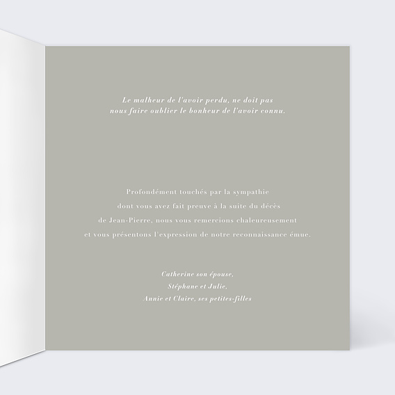 Carte remerciement décès Quiétude Intérieur Droit
