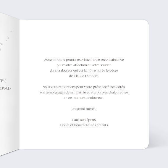 Carte remerciement décès Pissenlit Illustration Intérieur Droit