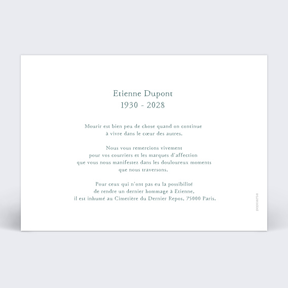 Carte remerciement décès Merci Typographique Verso