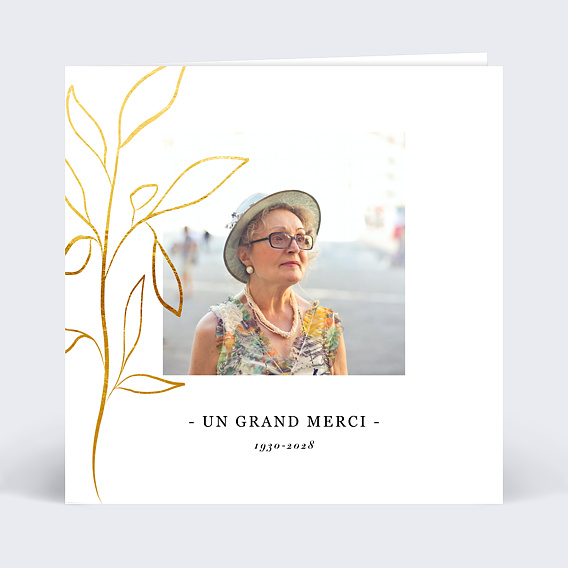 Carte remerciement décès Feuillage Ocre Recto