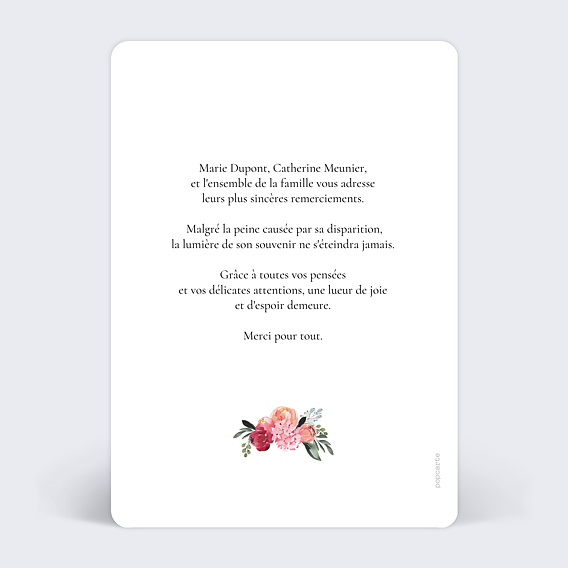 Carte remerciement décès Bouquet Éternel Verso