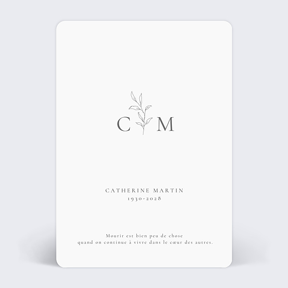 Carte remerciement décès Lettrine Botaniques Recto