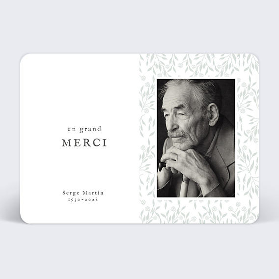 Carte remerciement décès Photo et Végétaux Recto