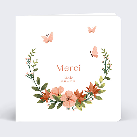 Carte remerciement décès Papillon Rose