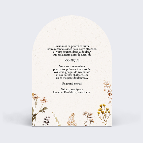 Carte remerciement décès Bouquet Sauvage Verso