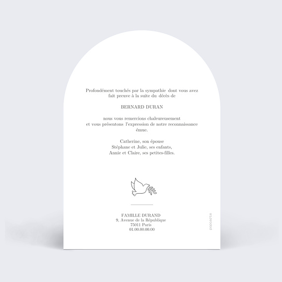 Carte remerciement décès Photo et Colombe Verso