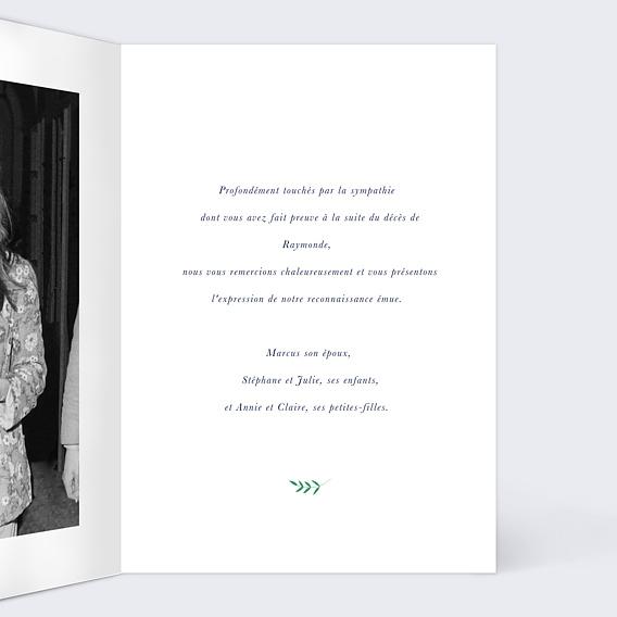 Carte remerciement décès Grande Lettrine Colombe Intérieur Droit