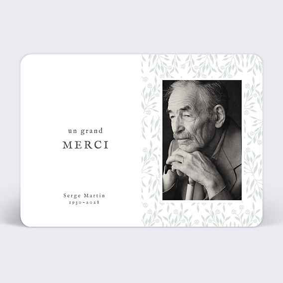 Carte remerciement décès Photo et Végétaux Recto