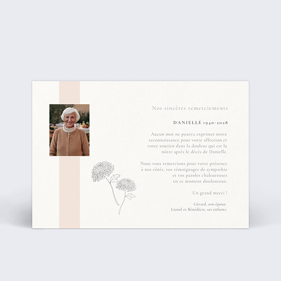 Carte remerciement décès Barre couleur Recto
