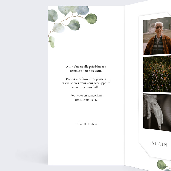 Carte remerciement décès Couronne Ocre Eucalyptus Intérieur Gauche