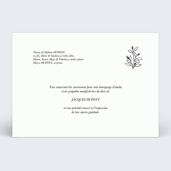 Carte remerciement décès Texte et végétal