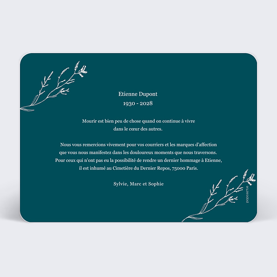 Carte remerciement décès Brindilles Verso