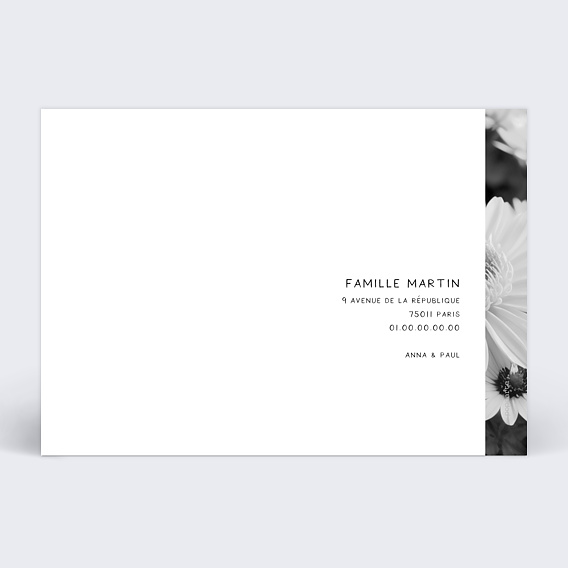 Carte remerciement décès Fleurs photo noir et blanc Verso