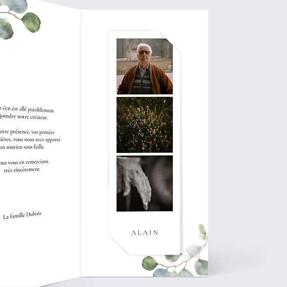 Carte remerciement décès Couronne Ocre Eucalyptus Intérieur Droit