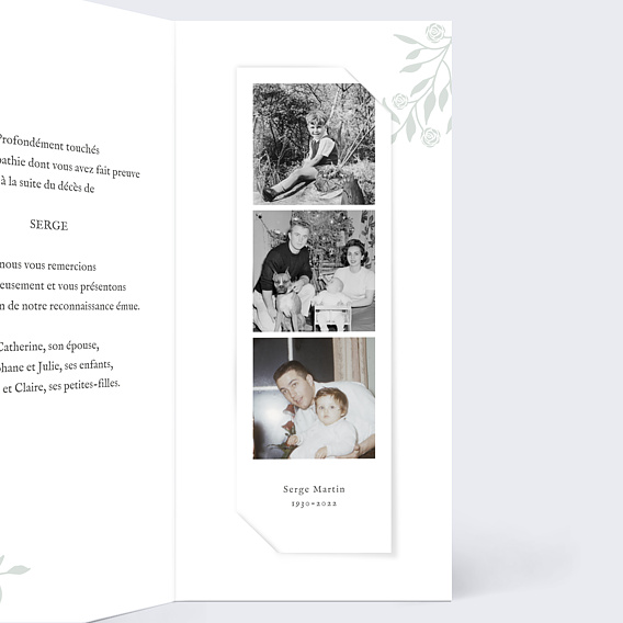 Carte remerciement décès Photo et Végétaux Intérieur Droit
