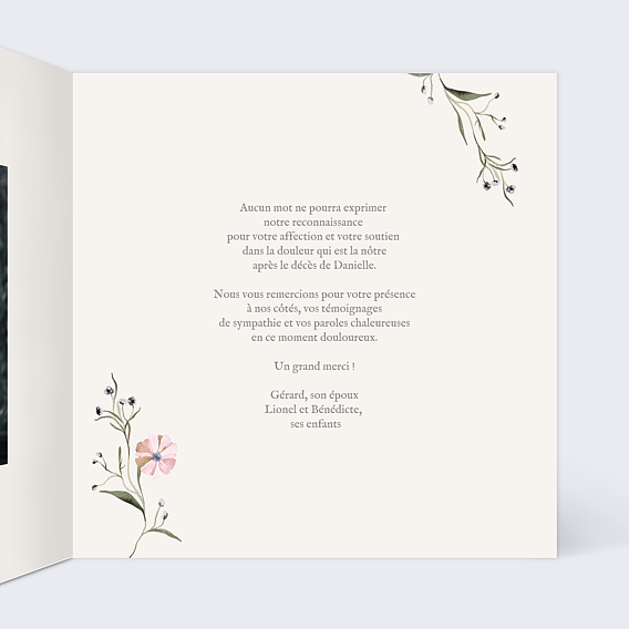Carte remerciement décès Motif fleurs sauvages Intérieur Droit