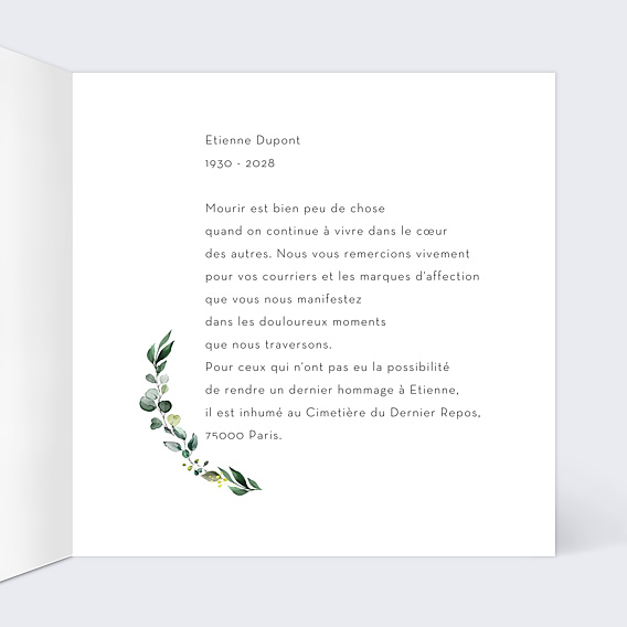 Carte remerciement décès Couronne Eucalyptus Intérieur Droit