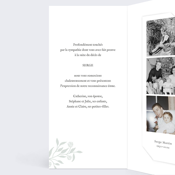 Carte remerciement décès Photo et Végétaux Intérieur Gauche