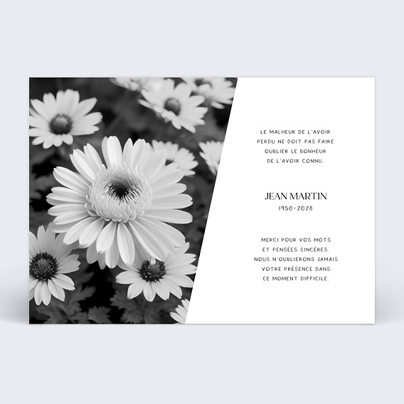 Remerciements Décès Fleurs photo noir et blanc