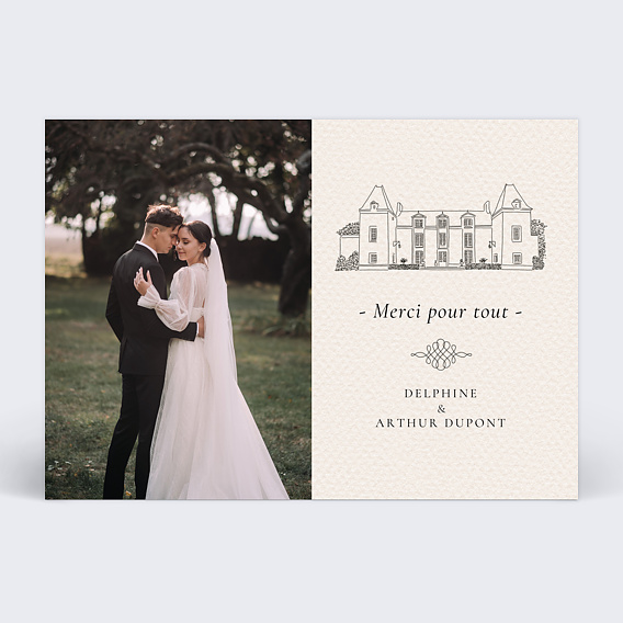 Carte remerciement mariage Château avec Photo