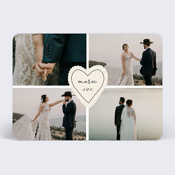 Carte remerciement mariage Etiquette Coeur