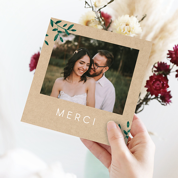 Carte remerciement mariage Feuilles kraft