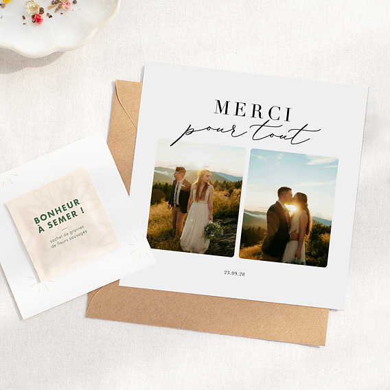 Carte remerciement mariage Grande Typo Merci avec graines