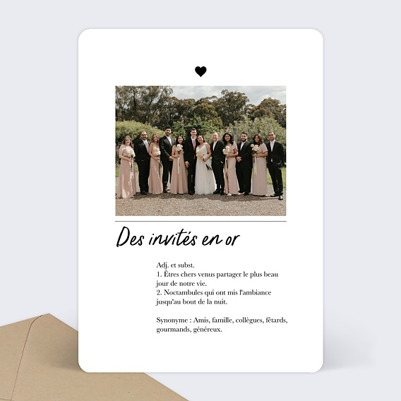 Carte remerciement mariage Invités en Or