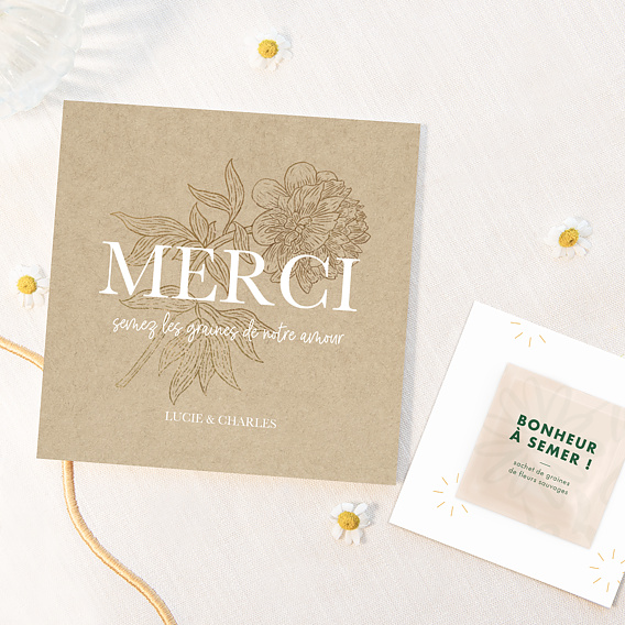 Carte remerciement mariage Merci fleuri avec graines