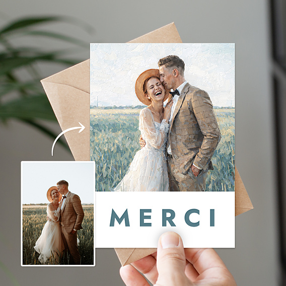 Carte remerciement mariage Portrait à l'huile