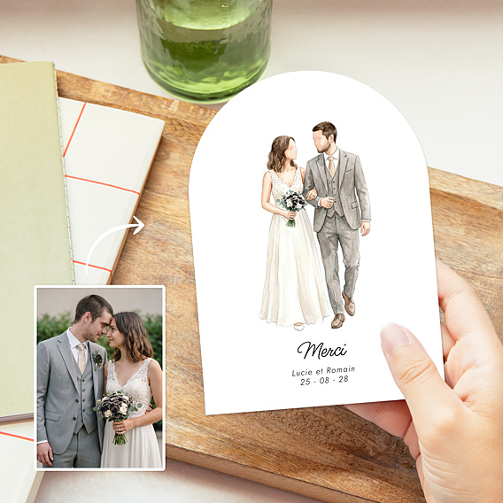 Carte remerciement mariage Portrait aquarelle aligné et initiales
